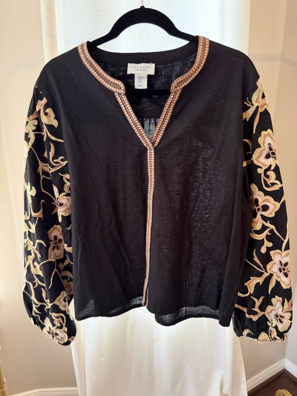 Calypso St. Barth Black Tunic with Gold & Cream Embroidery